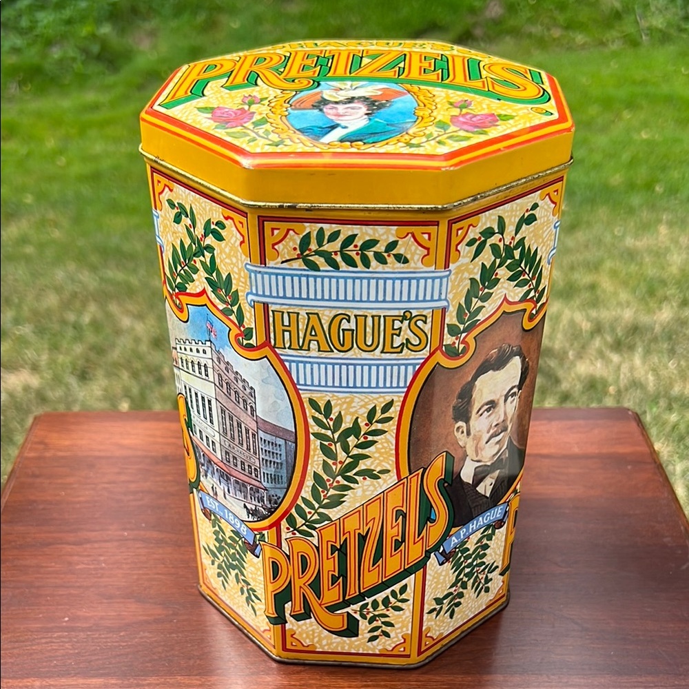 Vintage Colorful Octagonal Hague's Pretzel Decorative Storage Tin Container